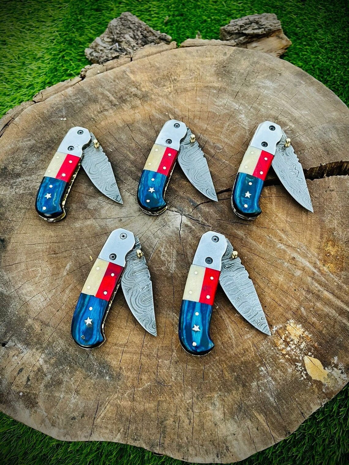 KBS Knives Store Folding Knife 5 "Custom Handmade Texas Flag Damascus Steel Folding Pocket Knife | Exotic Wood-Bone Texas Flag Handle | 3.1 Inch Blade | Leather Sheath | KBS Knives Store"