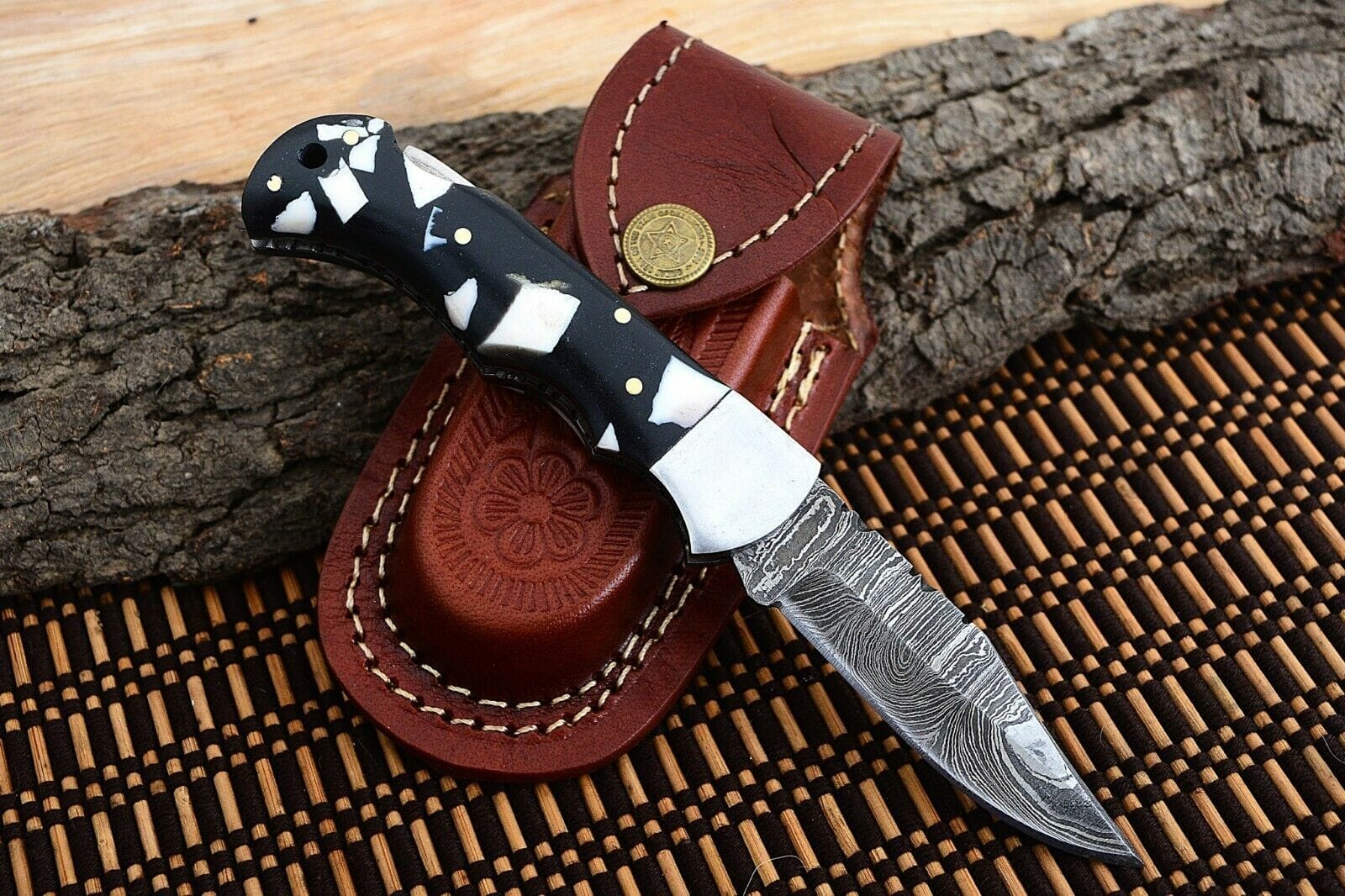 KBS Knives Store Folding Knife Best Folding Pocket Knife with Black and White Epoxy Resin and Steel Bolster Handle, 3-inch Blade Length