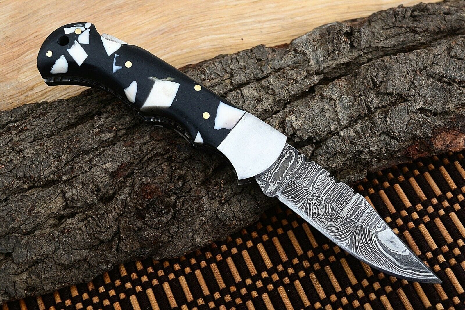 KBS Knives Store Folding Knife Best Folding Pocket Knife with Black and White Epoxy Resin and Steel Bolster Handle, 3-inch Blade Length
