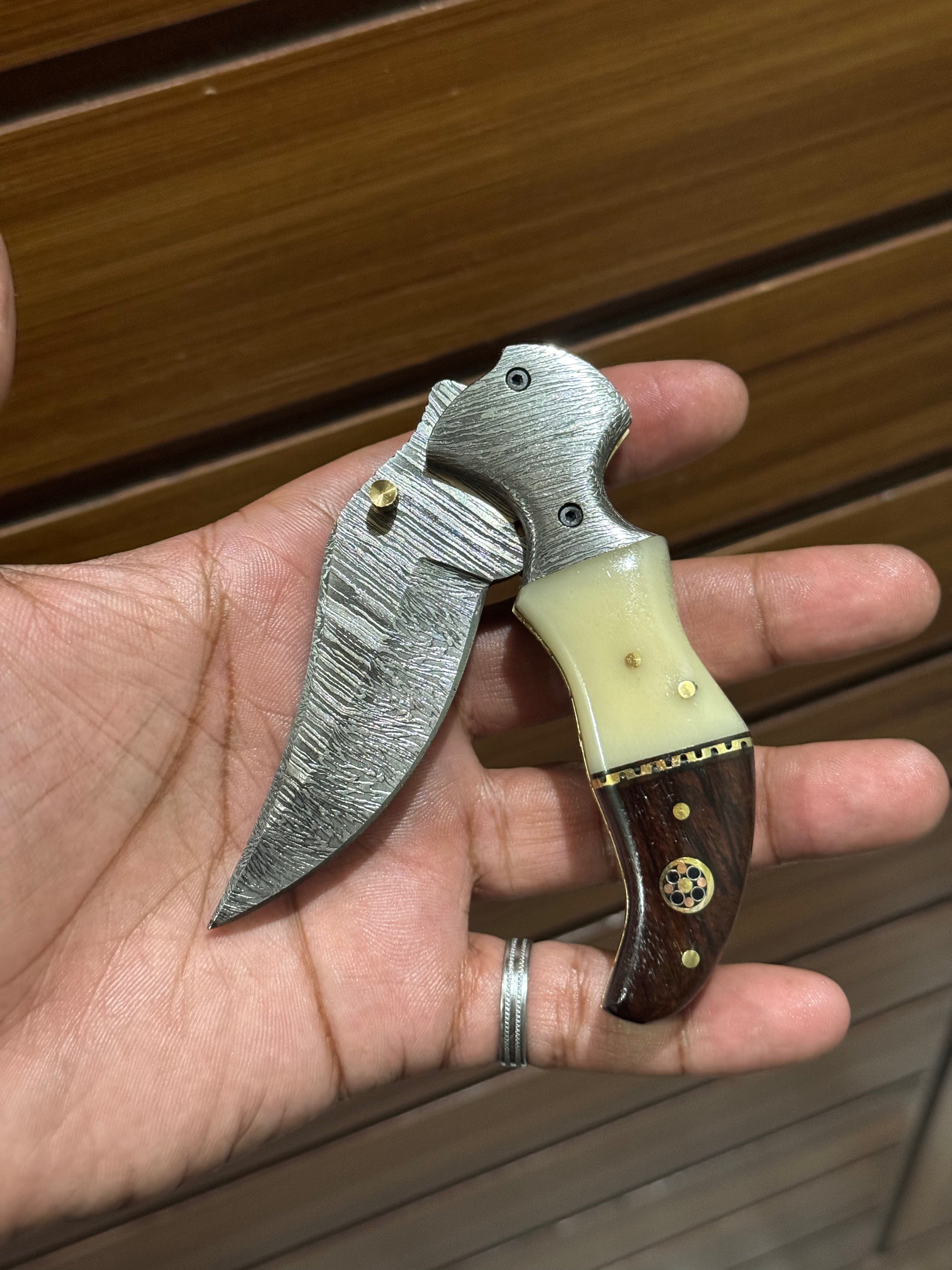 KBS Knives Store Folding Knife Bone and Rosewood Handle Damascus Handmade Custom Folding Pocket Knife with Buffalo Horn and Rosewood Handle, 3.2-inch Blade Length