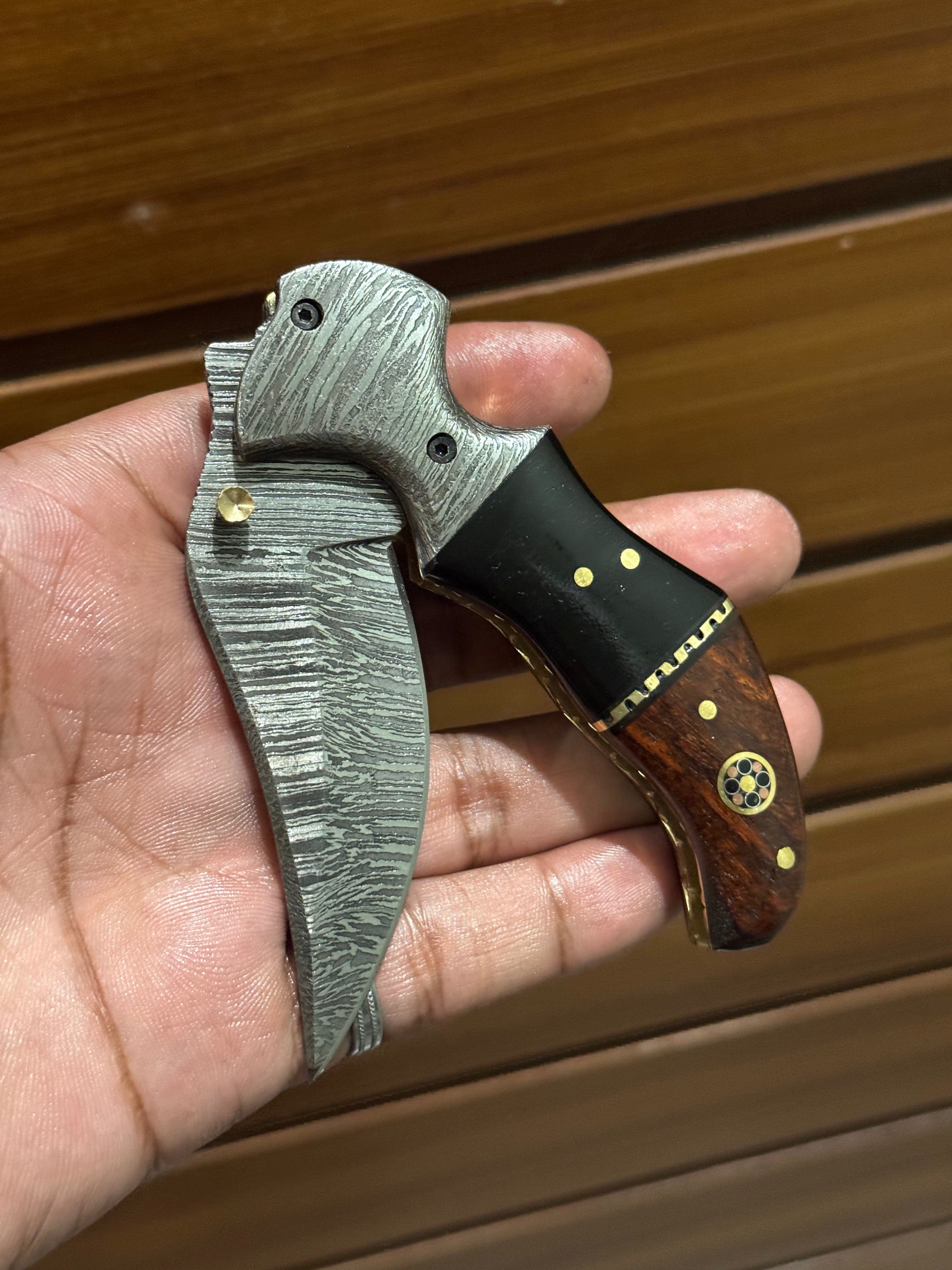 KBS Knives Store Folding Knife Buffalo Horn and Rosewood Handle Damascus Handmade Custom Folding Pocket Knife with Buffalo Horn and Rosewood Handle, 3.2-inch Blade Length