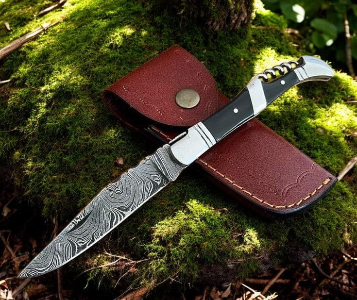 KBS Knives Store Folding Knife Champion Folding Pocket Knife: Damascus Steel with Buffalo Horn Handle