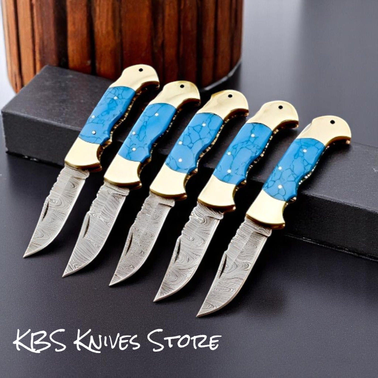 KBS Knives Store Folding Knife Custom Cowboy EDC Damascus Pocket Knife - 3" Blade with Turquoise Stone Handle
