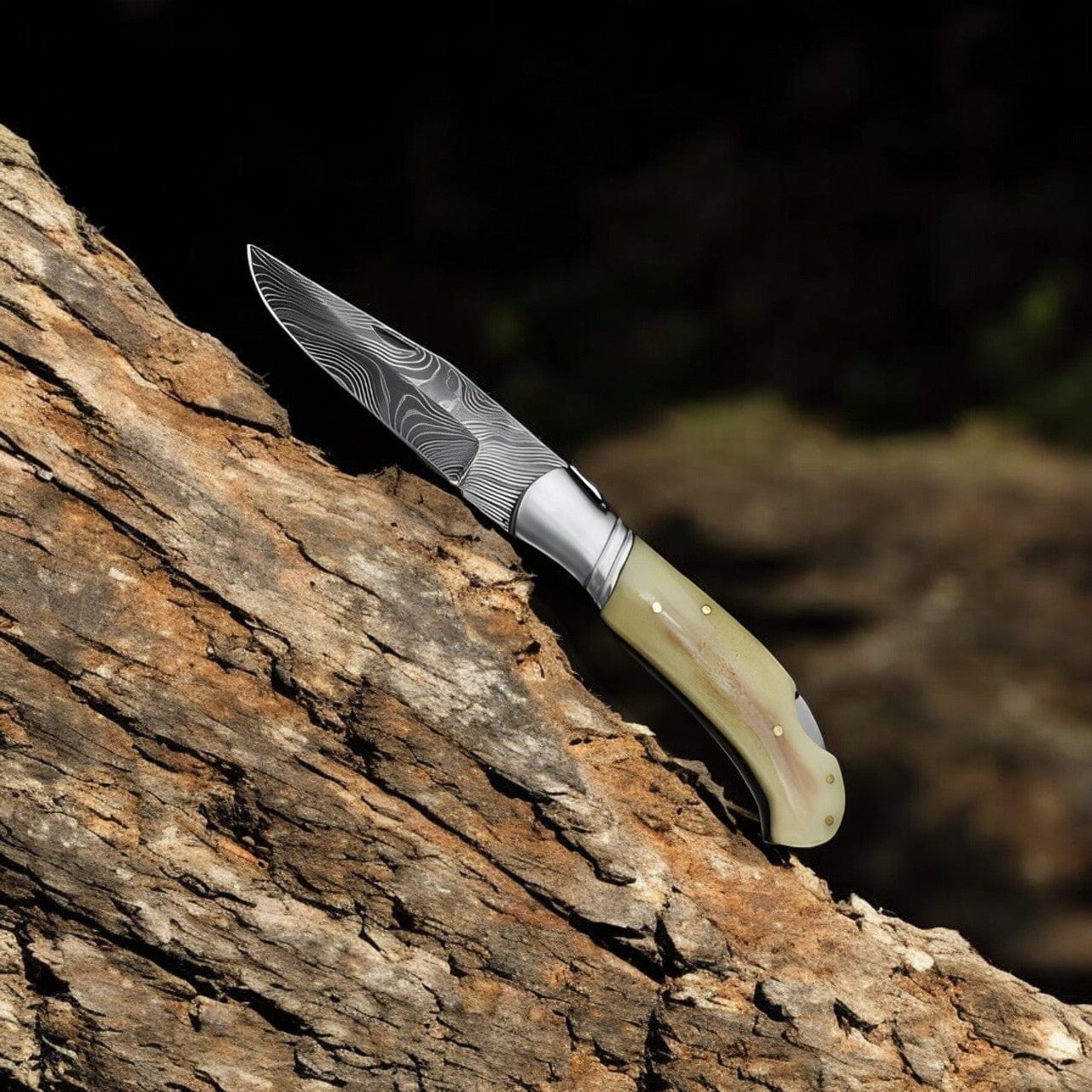KBS Knives Store Folding Knife Custom Handmade Cowboy Pocket Knife – 3.75” Damascus Blade, Bone Handle