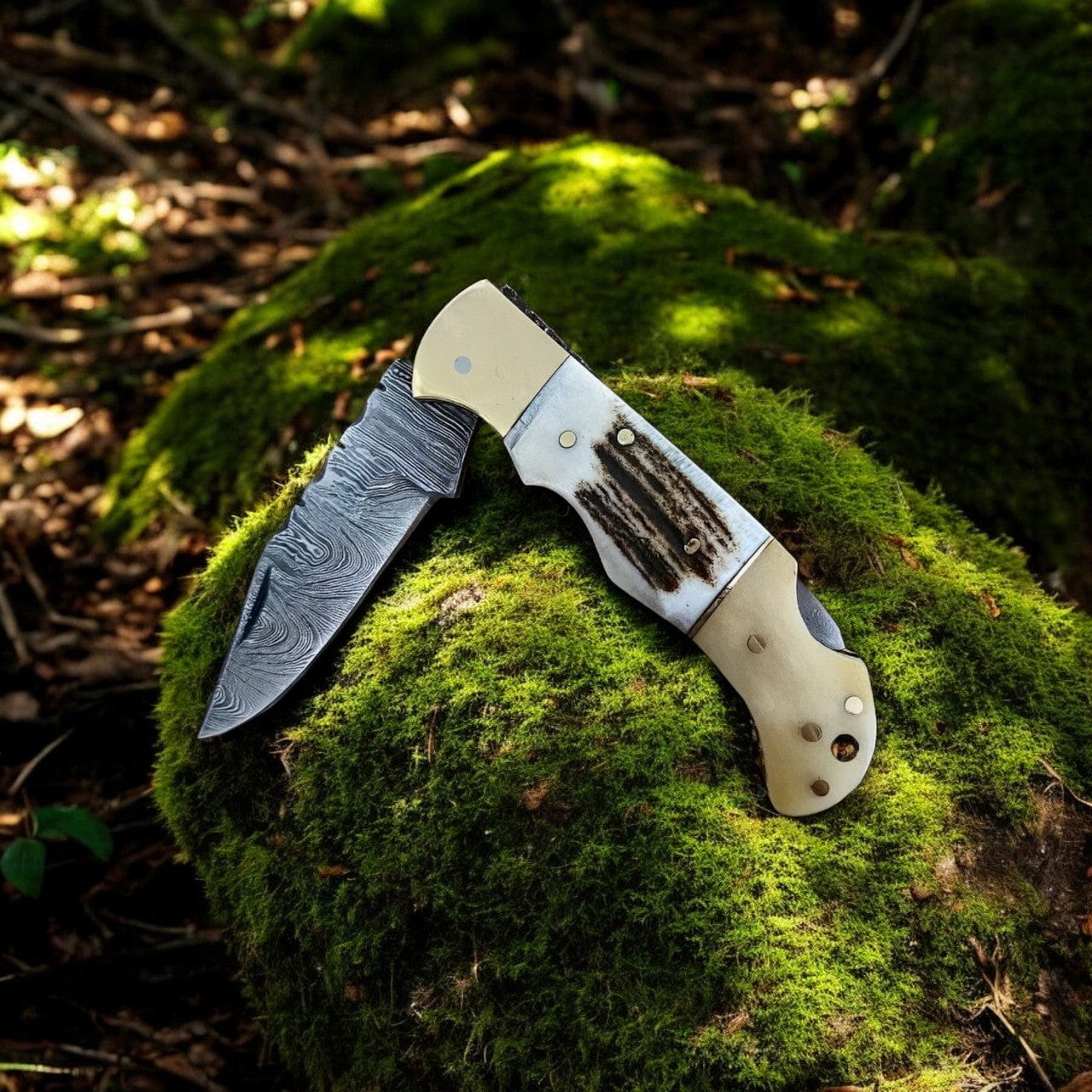 KBS Knives Store Folding Knife Custom Handmade Cowboy Pocket Knife – Damascus Steel, Stag Horn Handle