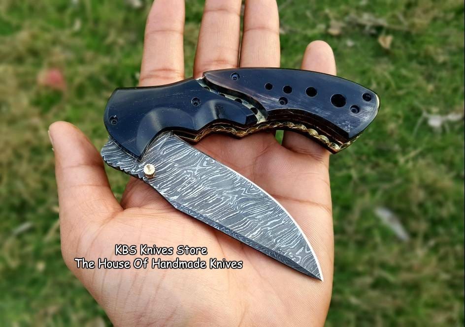 KBS Knives Store Folding Knife Custom Handmade Damascus Blade EDC Folding Pocket Knife With Pocket Clip