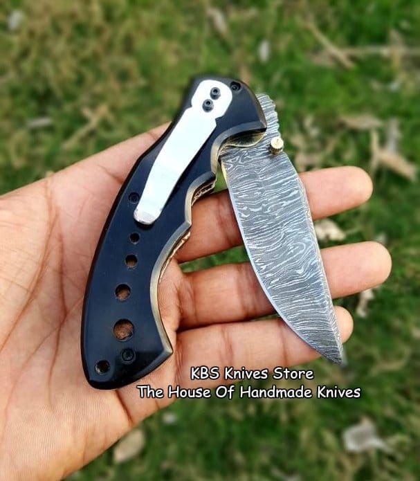 KBS Knives Store Folding Knife Custom Handmade Damascus Blade EDC Folding Pocket Knife With Pocket Clip