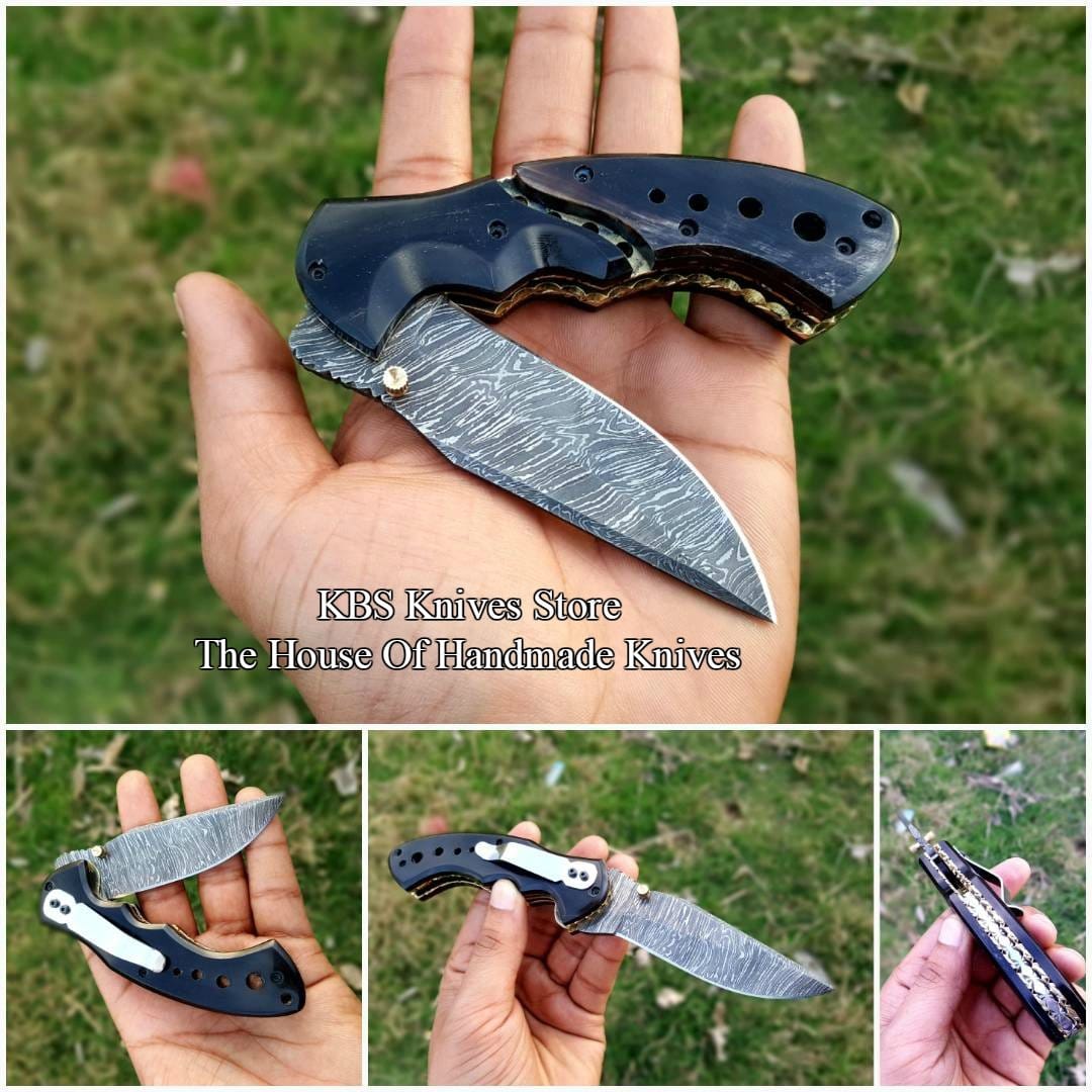 KBS Knives Store Folding Knife Custom Handmade Damascus Blade EDC Folding Pocket Knife With Pocket Clip