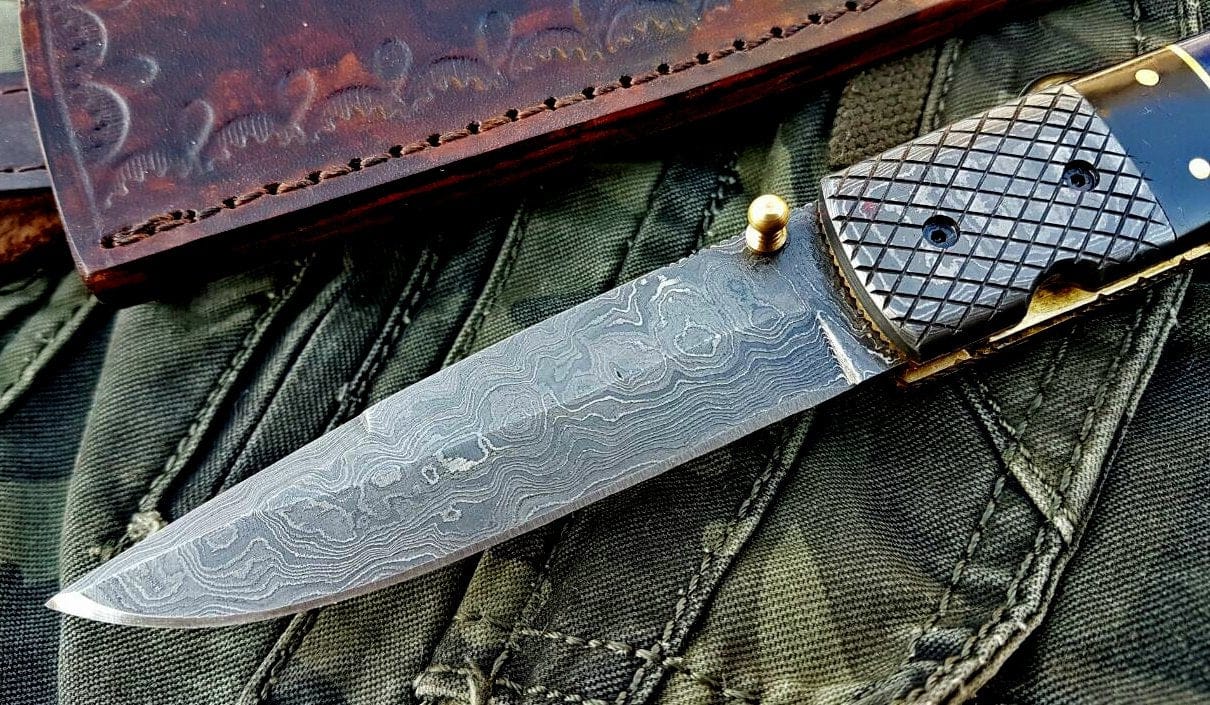 KBS Knives Store Folding Knife Custom Handmade Damascus Blade Folding Pocket Knife