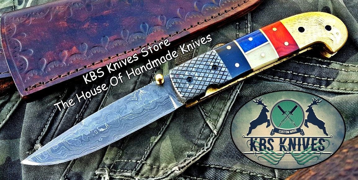 KBS Knives Store Folding Knife Custom Handmade Damascus Blade Folding Pocket Knife