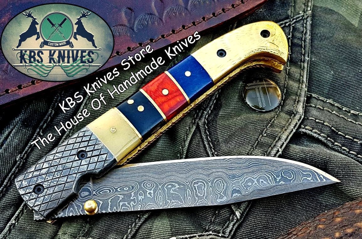 KBS Knives Store Folding Knife Custom Handmade Damascus Blade Folding Pocket Knife
