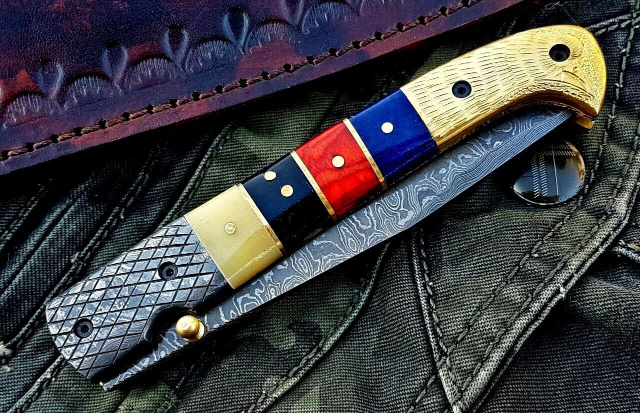 KBS Knives Store Folding Knife Custom Handmade Damascus Blade Folding Pocket Knife