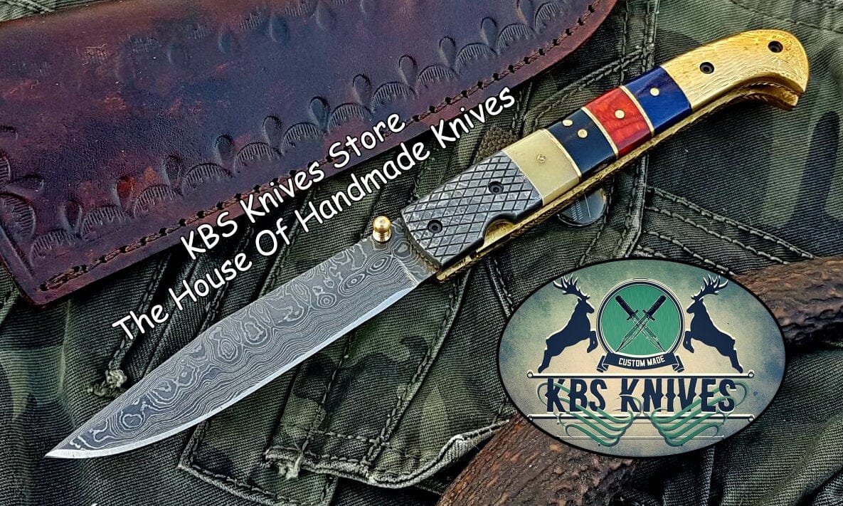 KBS Knives Store Folding Knife Custom Handmade Damascus Blade Folding Pocket Knife