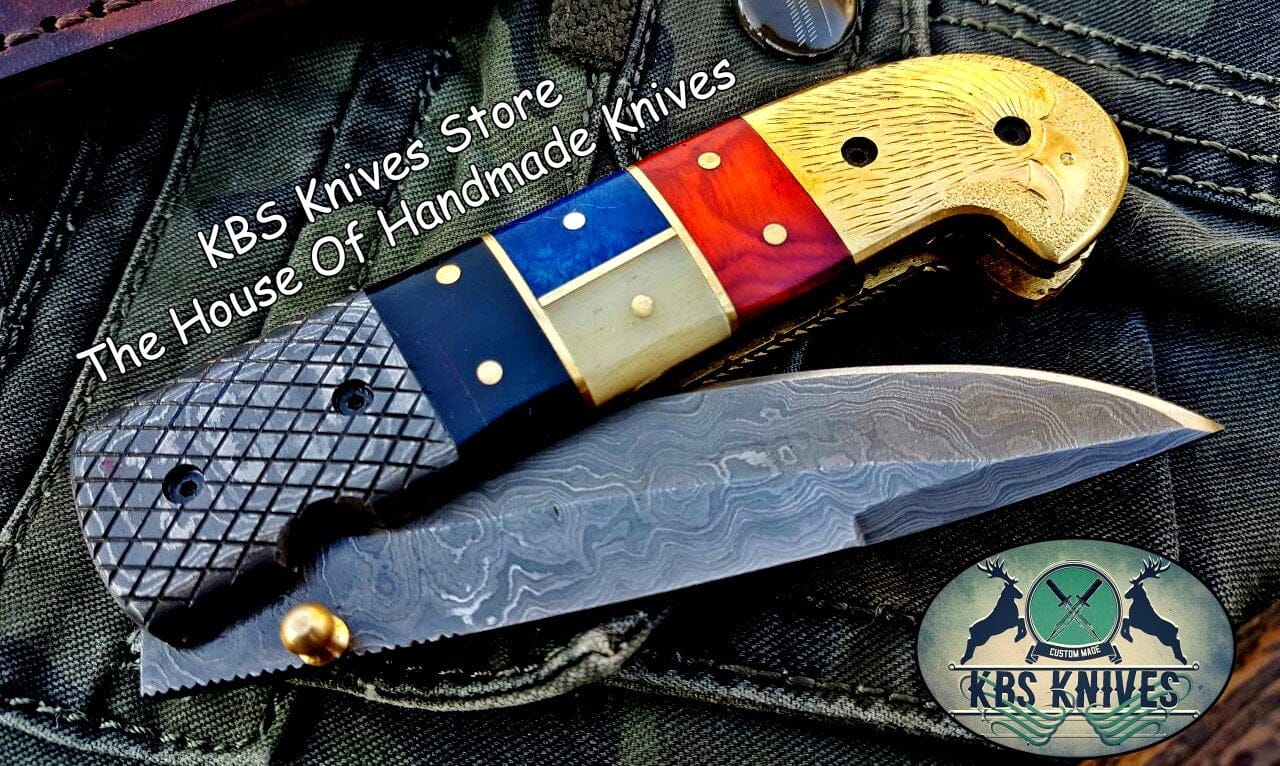 KBS Knives Store Folding Knife Custom Handmade Damascus Blade Folding Pocket Knife