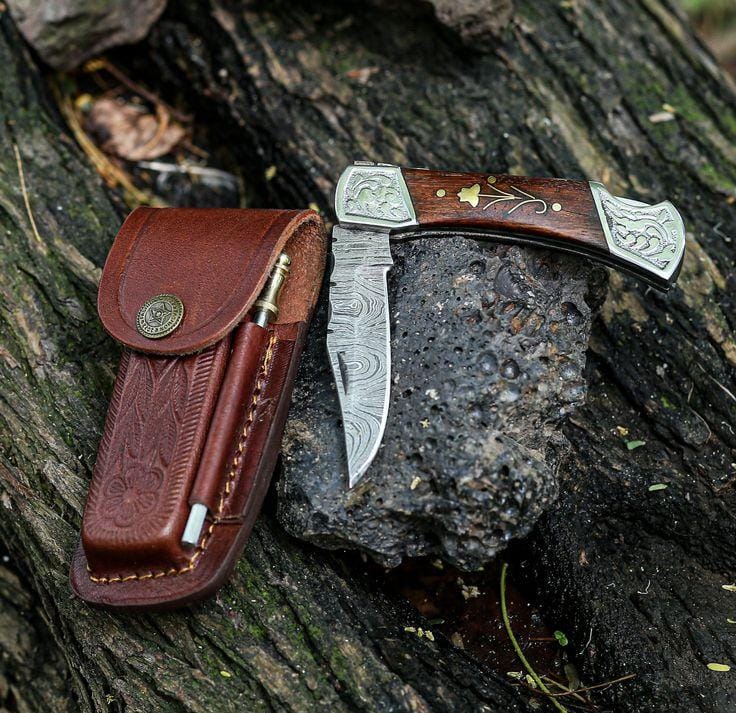 KBS Knives Store Folding Knife Custom Handmade Damascus Pocket Knife – 3" Blade with Leather Case
