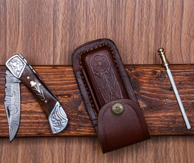 KBS Knives Store Folding Knife Custom Handmade Damascus Pocket Knife – 3" Blade with Leather Case