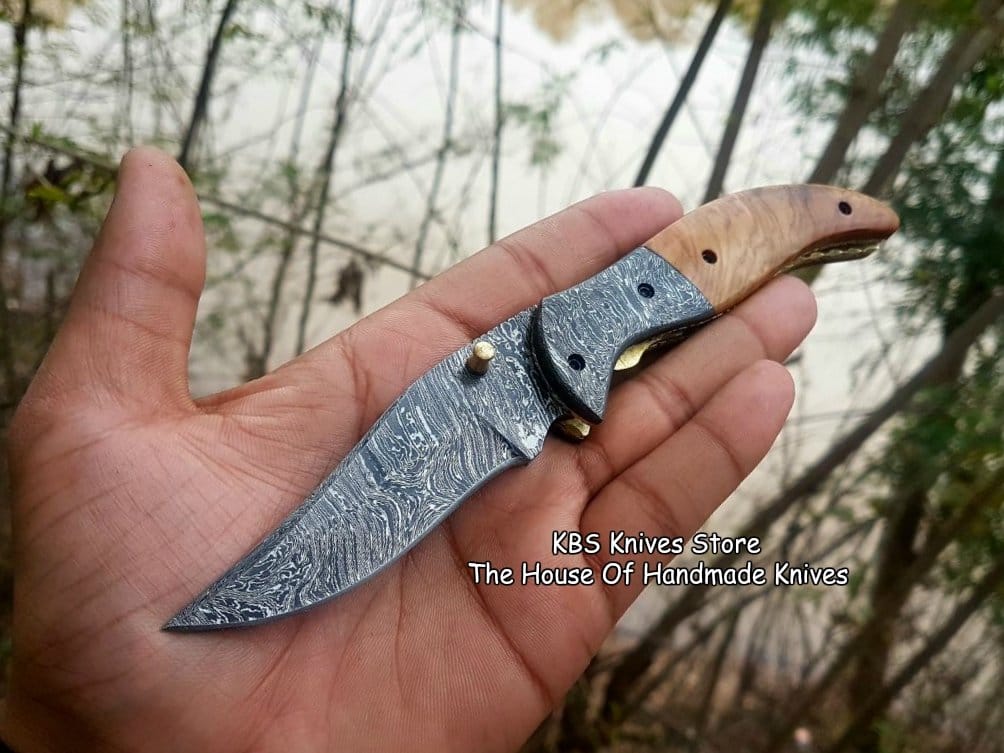 KBS Knives Store Folding Knife Custom Handmade Damascus Steel Blade EDC Folding Pocket Knife
