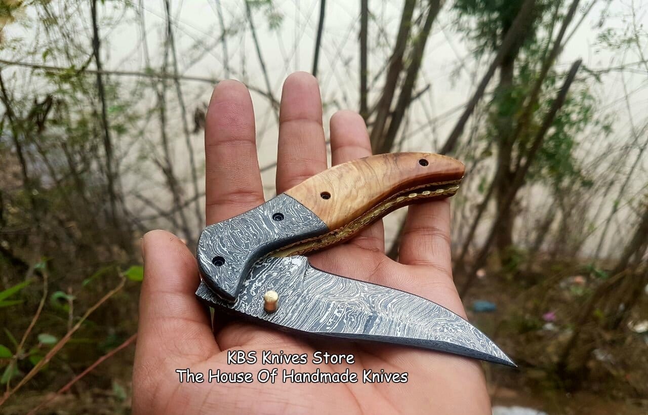 KBS Knives Store Folding Knife Custom Handmade Damascus Steel Blade EDC Folding Pocket Knife