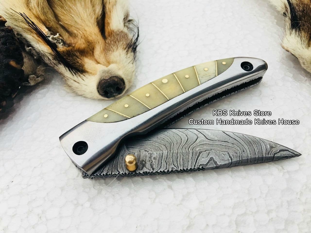 KBS Knives Store Folding Knife Custom Handmade Damascus Steel Blade Folding Pocket Knife
