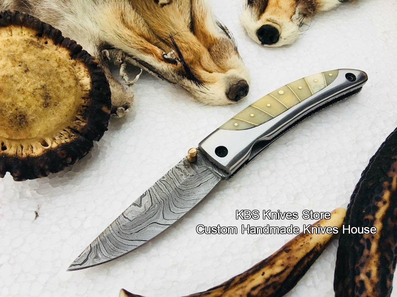 KBS Knives Store Folding Knife Custom Handmade Damascus Steel Blade Folding Pocket Knife