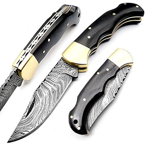 KBS Knives Store Folding Knife Custom Handmade Damascus Steel EDC Folding Pocket Knife with Buffalo Horn and Brass Bolster Handle, Blade Length 3 Inches