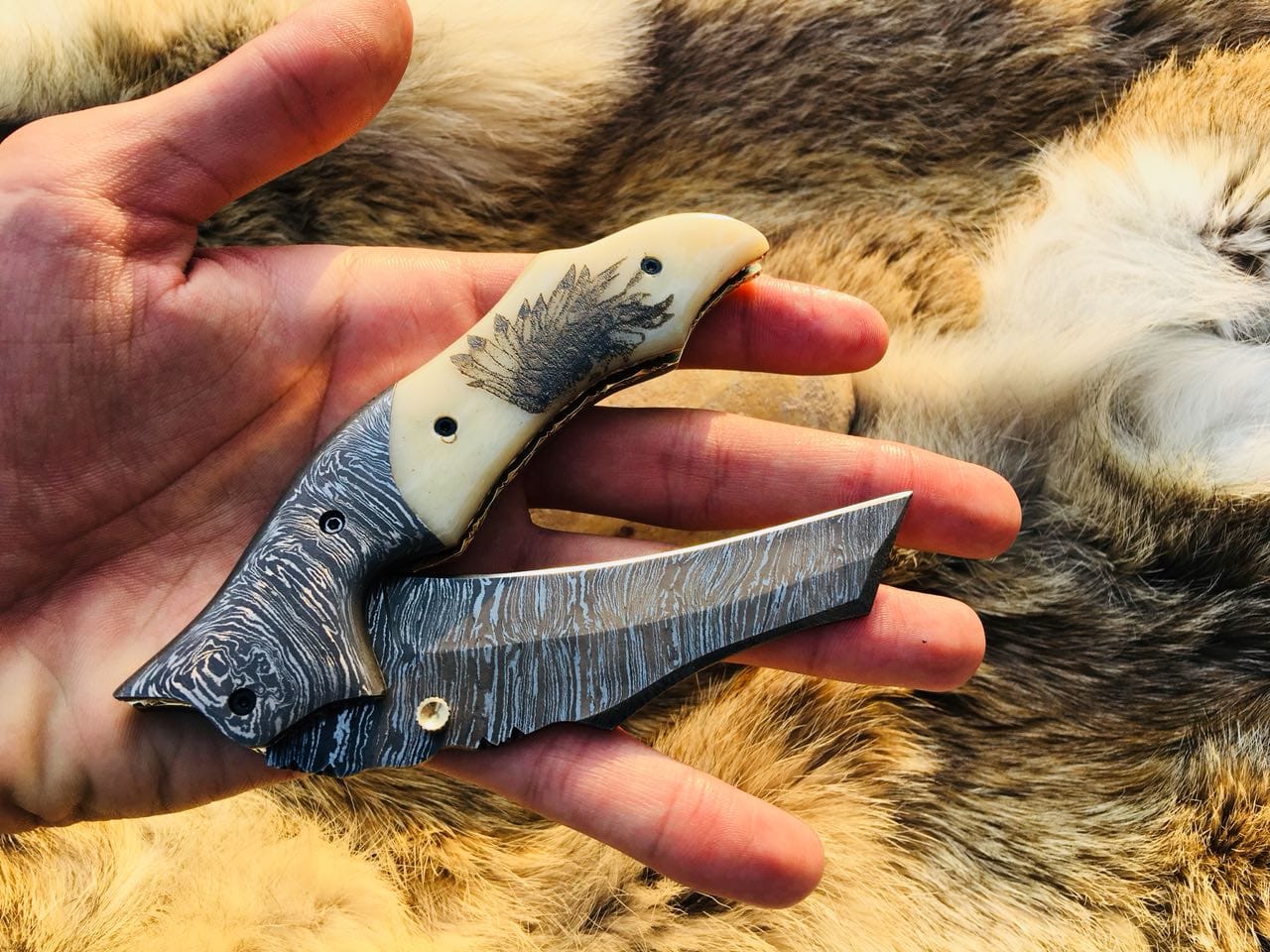 KBS Knives Store Folding Knife Custom Handmade Damascus Steel Engraved Folding Pocket Knife with Hand Engraved Bone Handle and Leather Case by KBS Knives Store