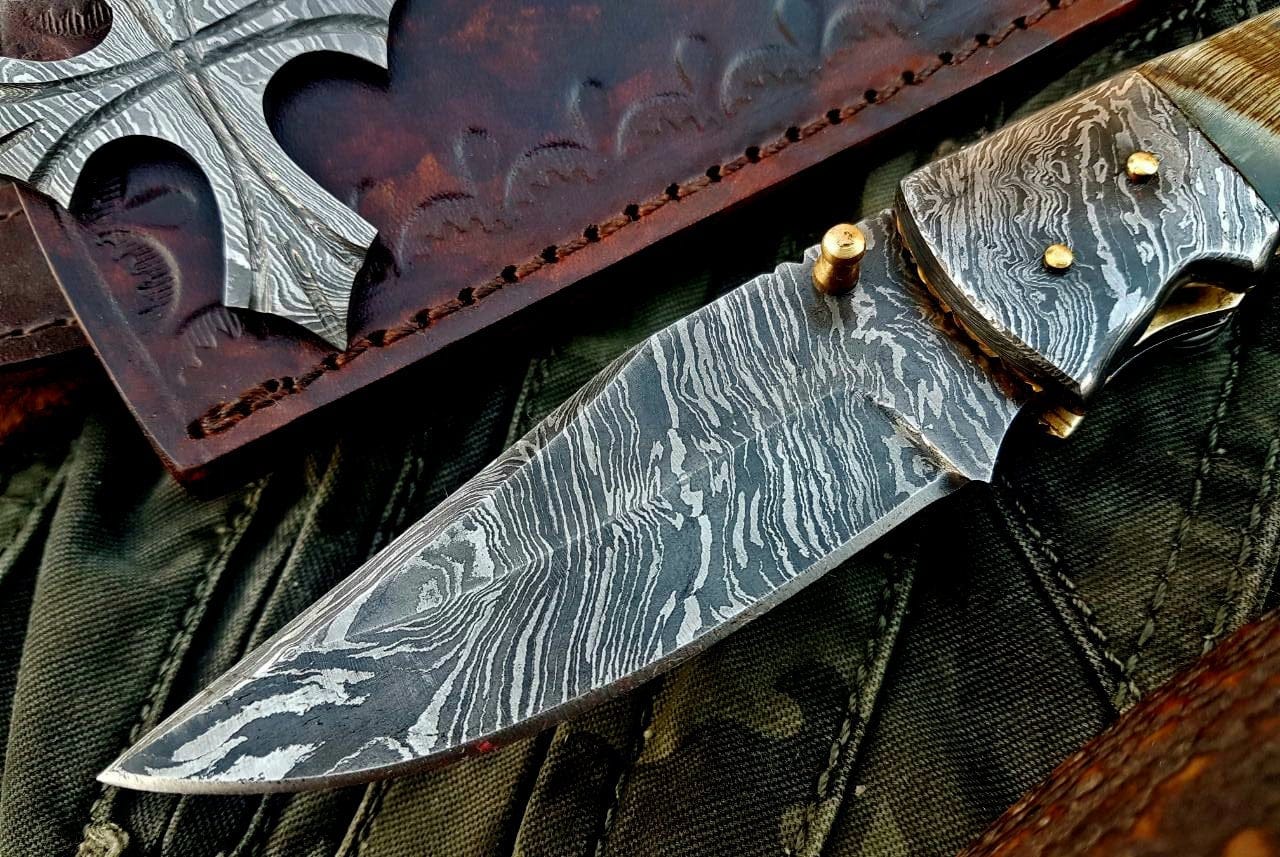 KBS Knives Store Folding Knife Custom Handmade Damascus Steel Folding Knife