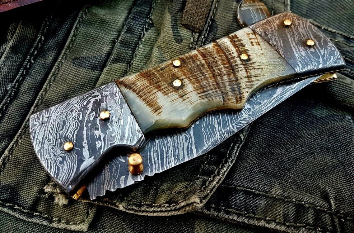 KBS Knives Store Folding Knife Custom Handmade Damascus Steel Folding Knife