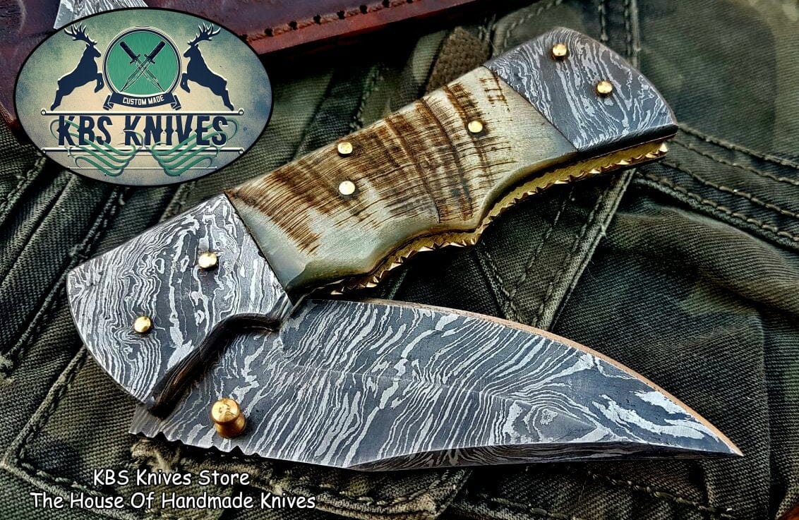 KBS Knives Store Folding Knife Custom Handmade Damascus Steel Folding Knife