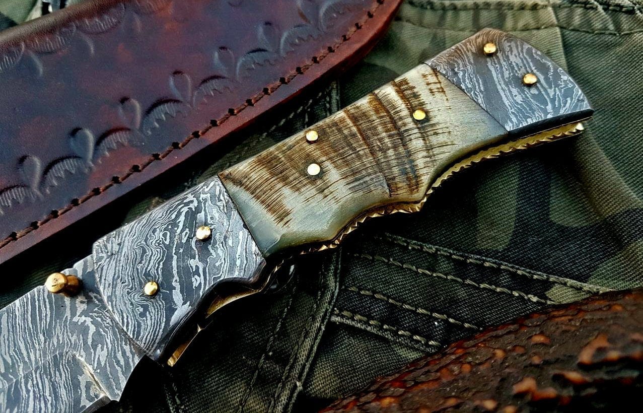 KBS Knives Store Folding Knife Custom Handmade Damascus Steel Folding Knife