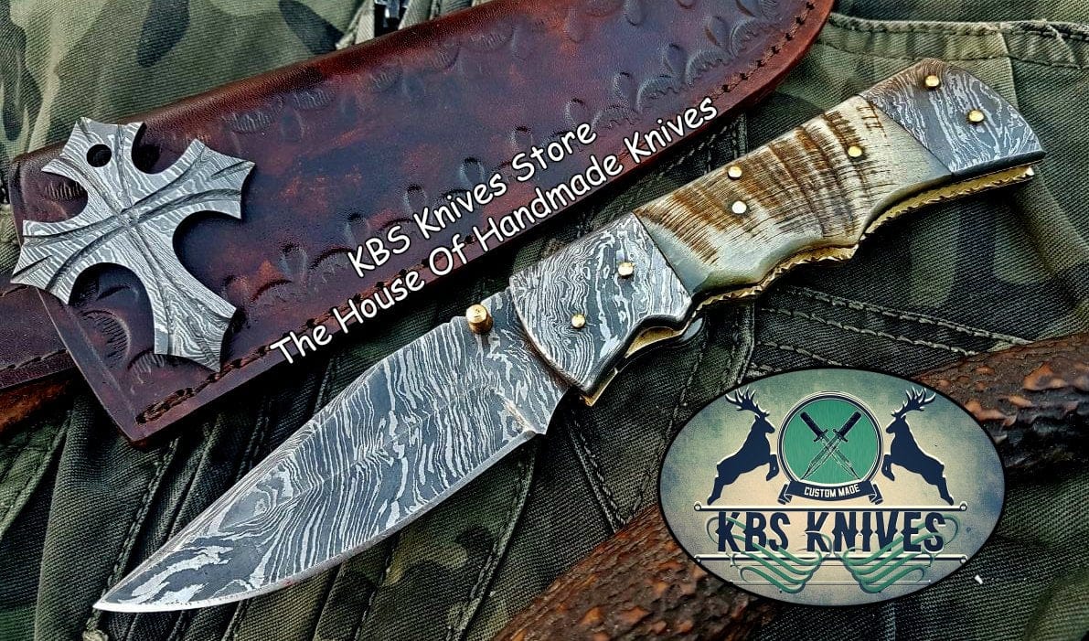 KBS Knives Store Folding Knife Custom Handmade Damascus Steel Folding Knife