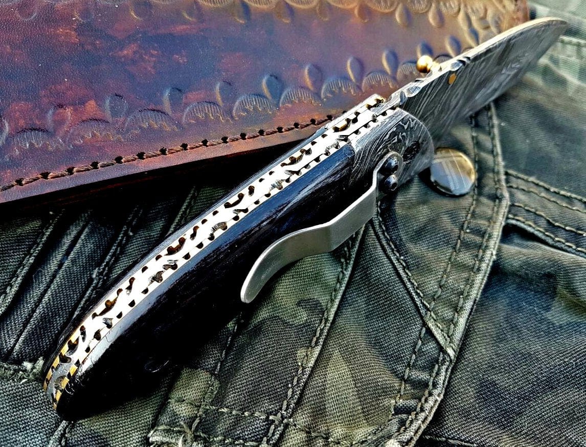 KBS Knives Store Folding Knife Custom Handmade Damascus Steel Folding Knife With Pocket Clip