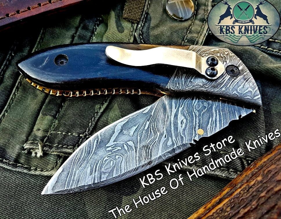KBS Knives Store Folding Knife Custom Handmade Damascus Steel Folding Knife With Pocket Clip