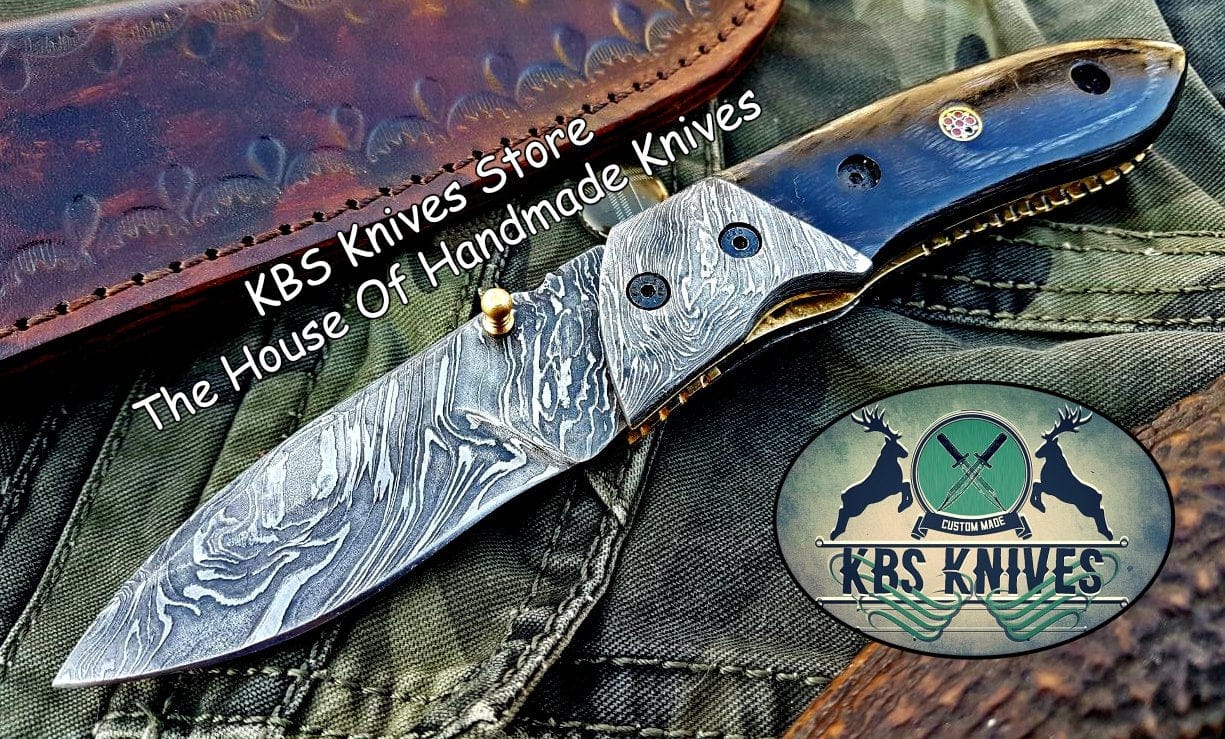 KBS Knives Store Folding Knife Custom Handmade Damascus Steel Folding Knife With Pocket Clip