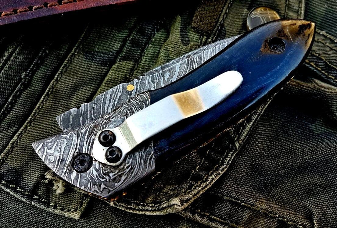 KBS Knives Store Folding Knife Custom Handmade Damascus Steel Folding Knife With Pocket Clip