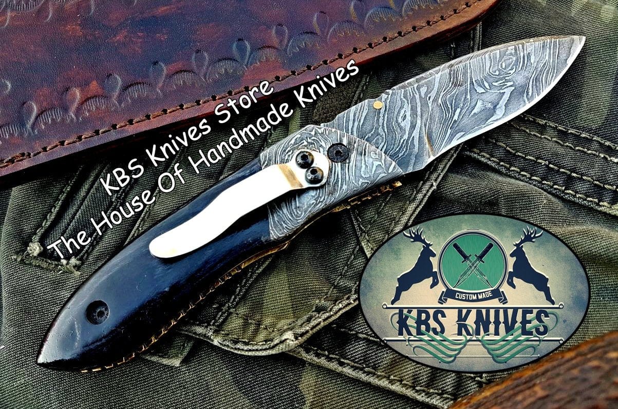 KBS Knives Store Folding Knife Custom Handmade Damascus Steel Folding Knife With Pocket Clip