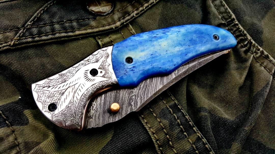 KBS Knives Store Folding Knife Custom Handmade Damascus Steel Folding Pocket Knife