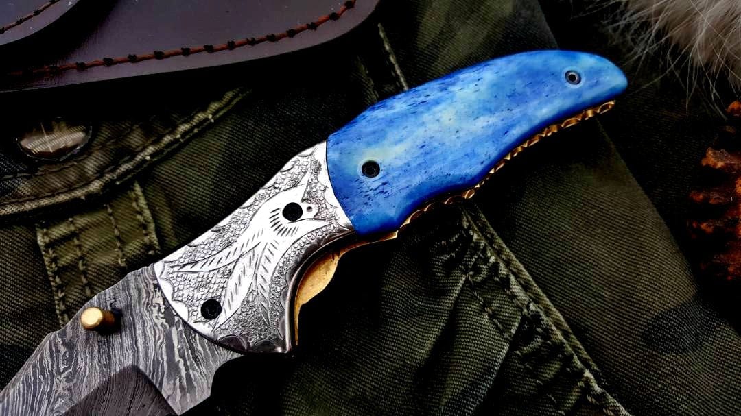 KBS Knives Store Folding Knife Custom Handmade Damascus Steel Folding Pocket Knife