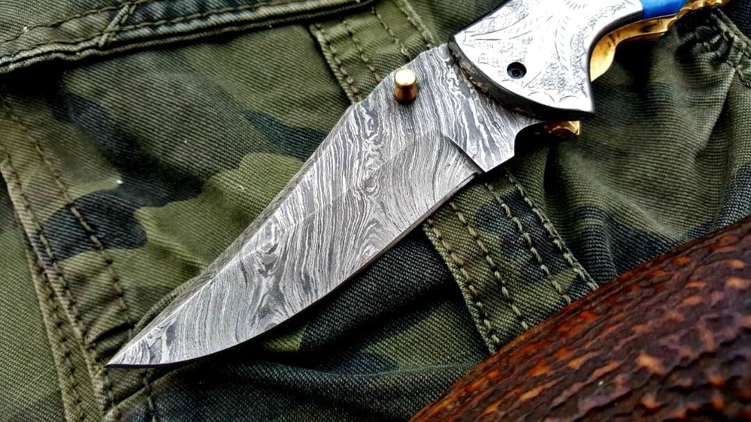 KBS Knives Store Folding Knife Custom Handmade Damascus Steel Folding Pocket Knife