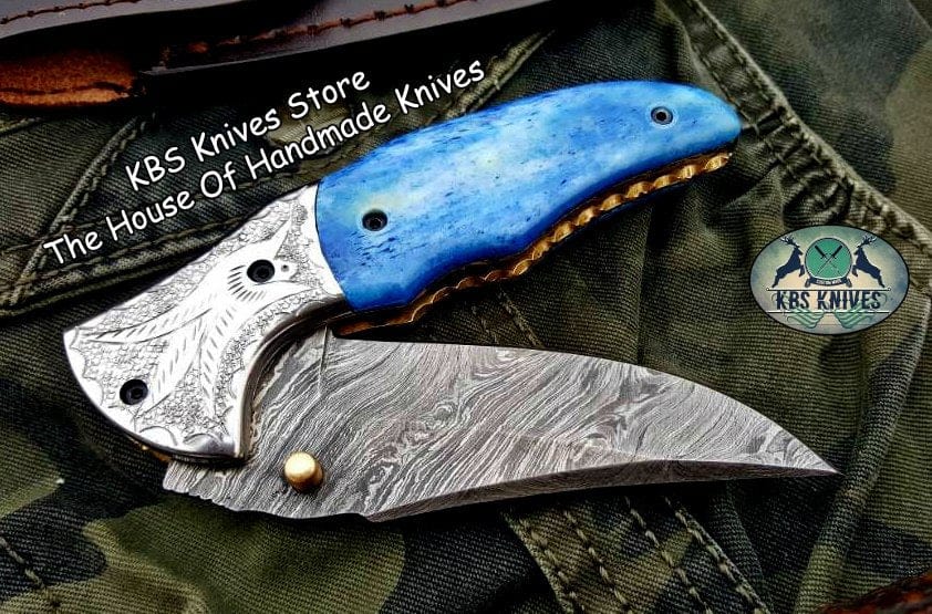 KBS Knives Store Folding Knife Custom Handmade Damascus Steel Folding Pocket Knife