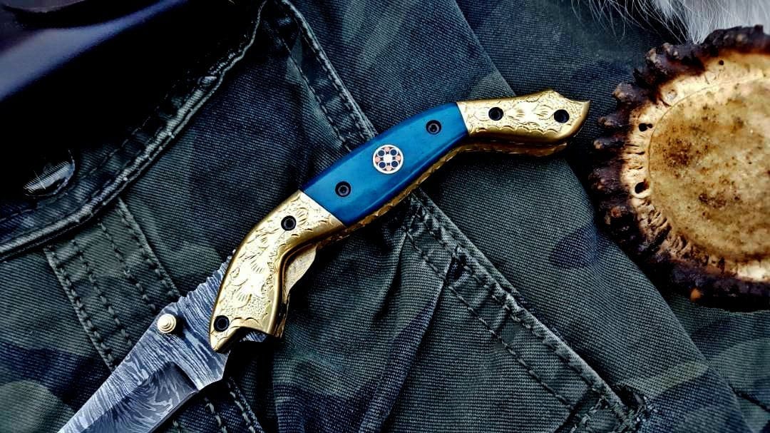 KBS Knives Store Folding Knife Custom Handmade Damascus Steel Folding Pocket Knife