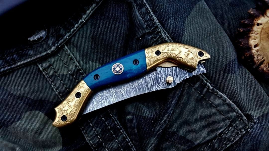 KBS Knives Store Folding Knife Custom Handmade Damascus Steel Folding Pocket Knife