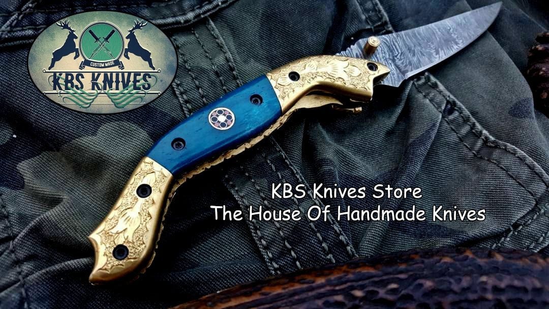 KBS Knives Store Folding Knife Custom Handmade Damascus Steel Folding Pocket Knife