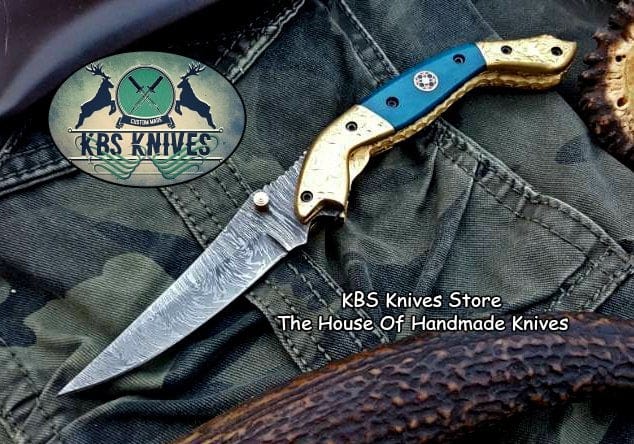 KBS Knives Store Folding Knife Custom Handmade Damascus Steel Folding Pocket Knife