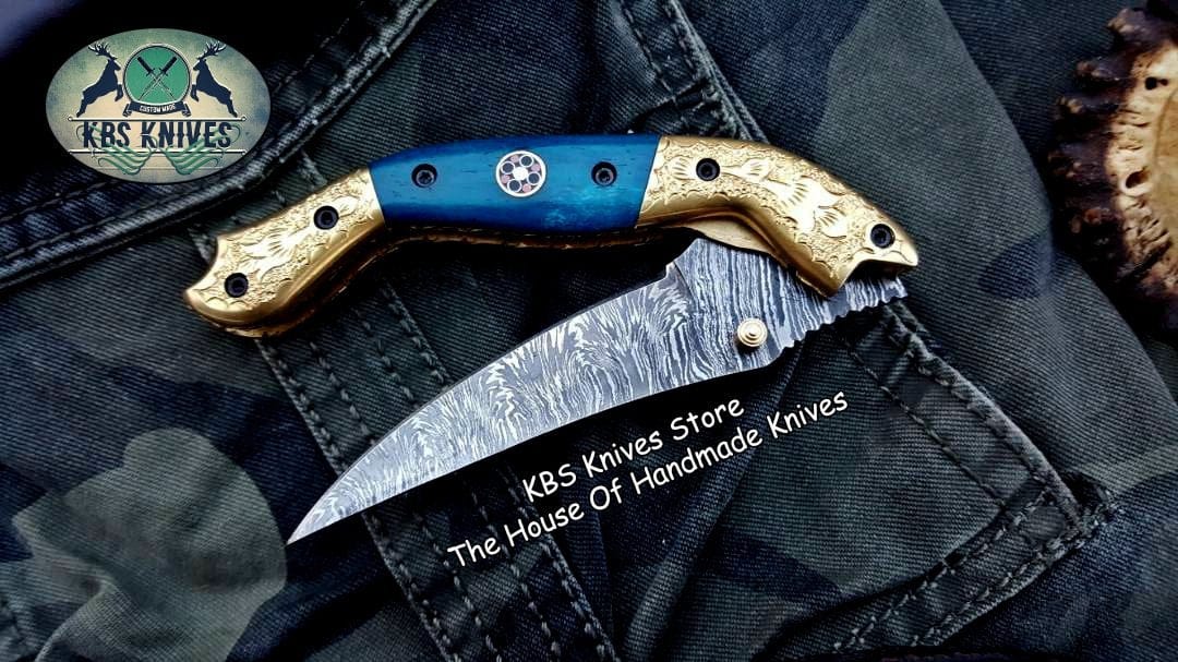 KBS Knives Store Folding Knife Custom Handmade Damascus Steel Folding Pocket Knife