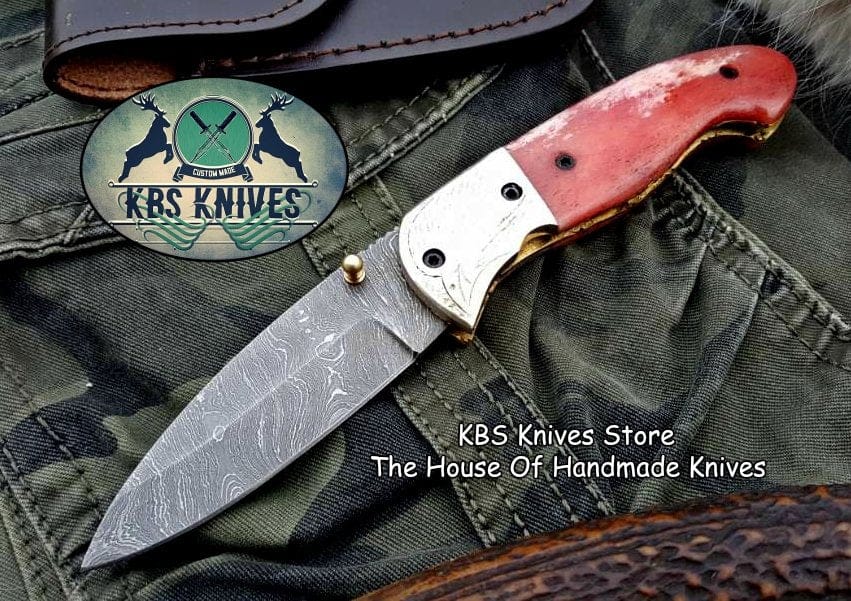 KBS Knives Store Folding Knife Custom Handmade Damascus Steel Folding Pocket Knife