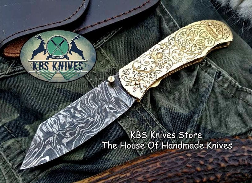 KBS Knives Store Folding Knife Custom Handmade Damascus Steel Folding Pocket Knife