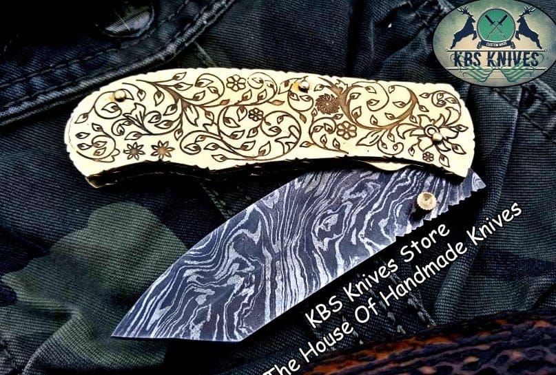 KBS Knives Store Folding Knife Custom Handmade Damascus Steel Folding Pocket Knife