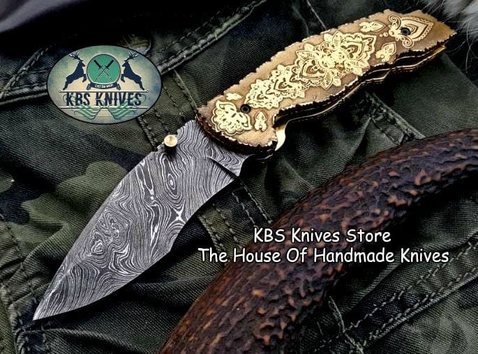 KBS Knives Store Folding Knife Custom Handmade Damascus Steel Folding Pocket Knife