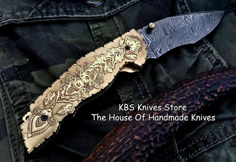 KBS Knives Store Folding Knife Custom Handmade Damascus Steel Folding Pocket Knife